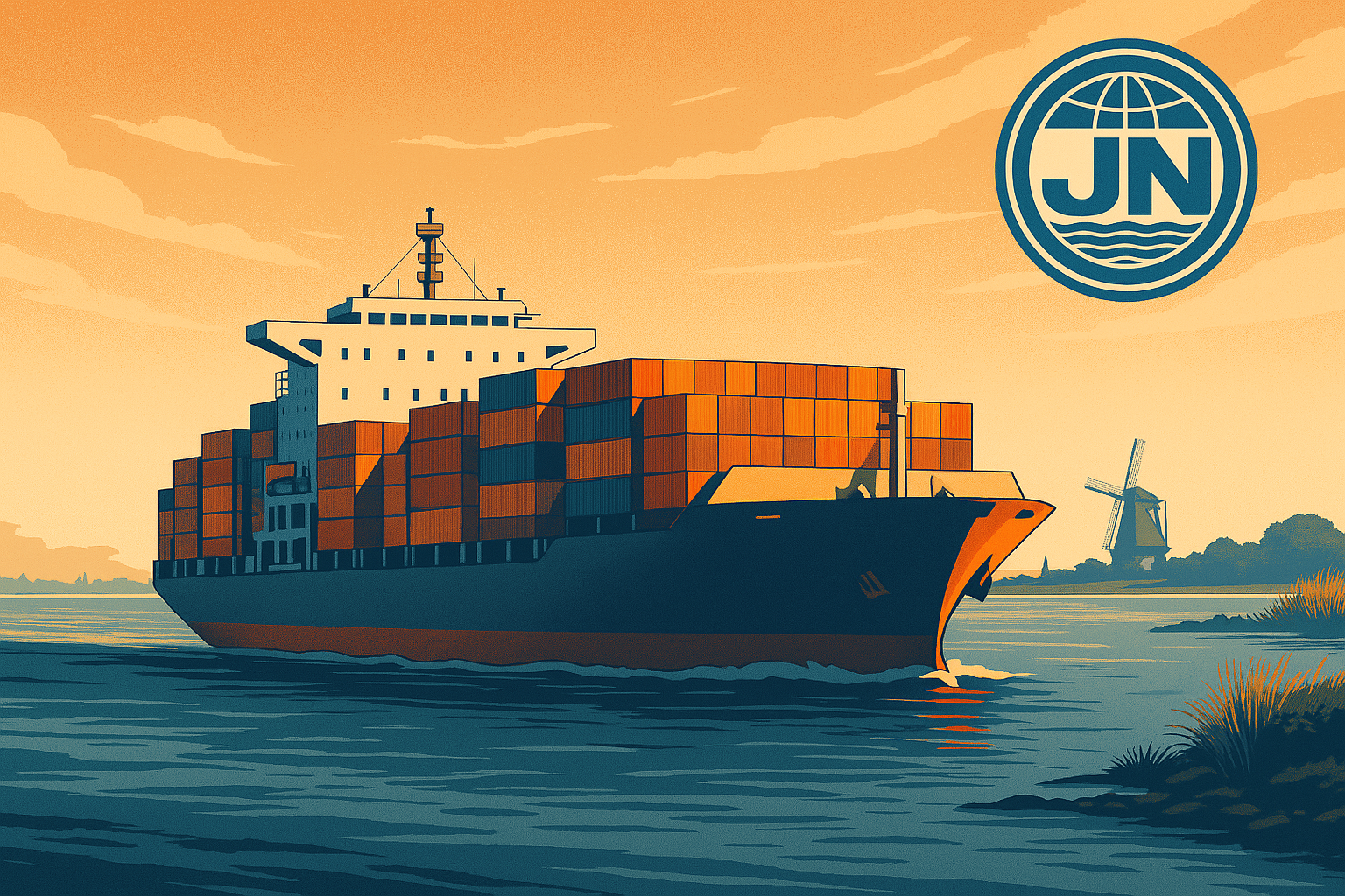 Container ship with Jienuo branding at Rotterdam port
